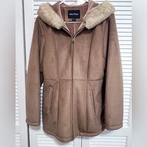 Nautica Faux suede with faux fur full zip hooded coat. Size Medium